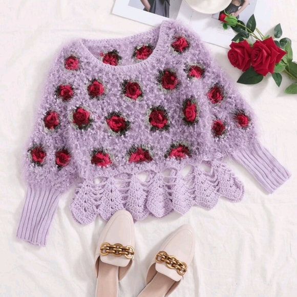 Super cute Rose Flower Fuzzy Knit Sweater - Picture 1 of 6